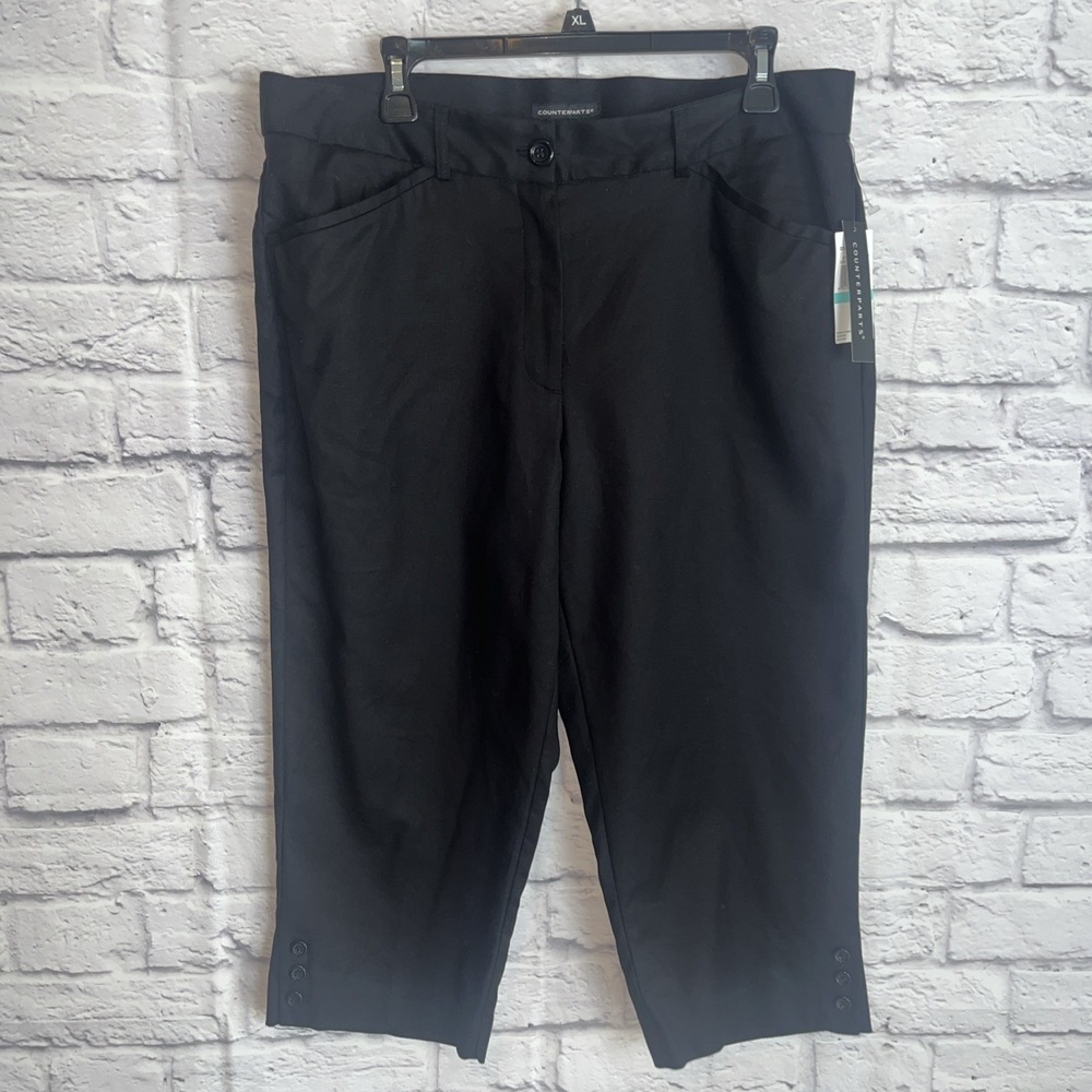 Counterparts Women's NWT Preppy Black Cotton Capri Pants Button Accent Size 16